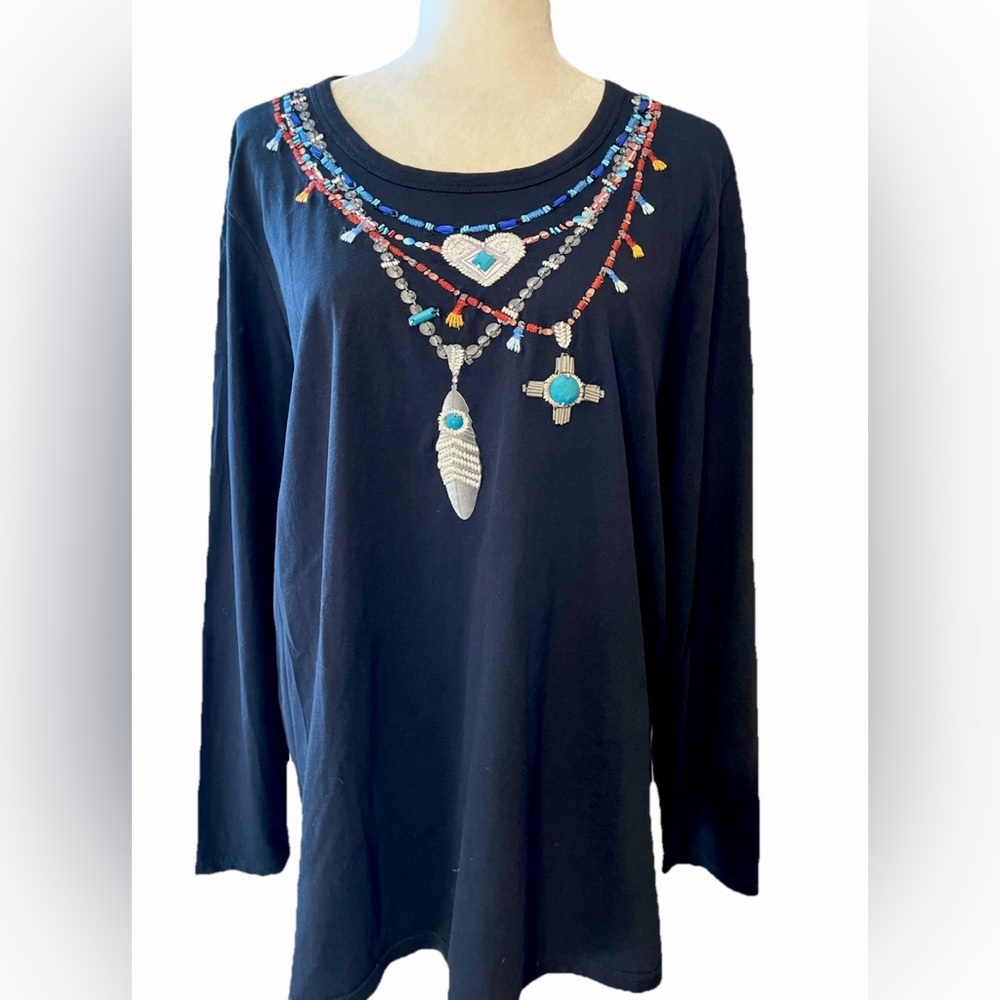 XL Coldwater Creek Navajo Indian Embroidered & Bead Multi Strand Necklace Shirt